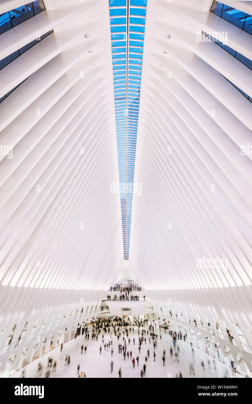 L'occhio, visualizza in basso a passeggeri, futuristica Stazione ferroviaria dal famoso architetto Santiago Calatrava accanto al WTC Memorial, Manhattan, New York City, U Foto Stock