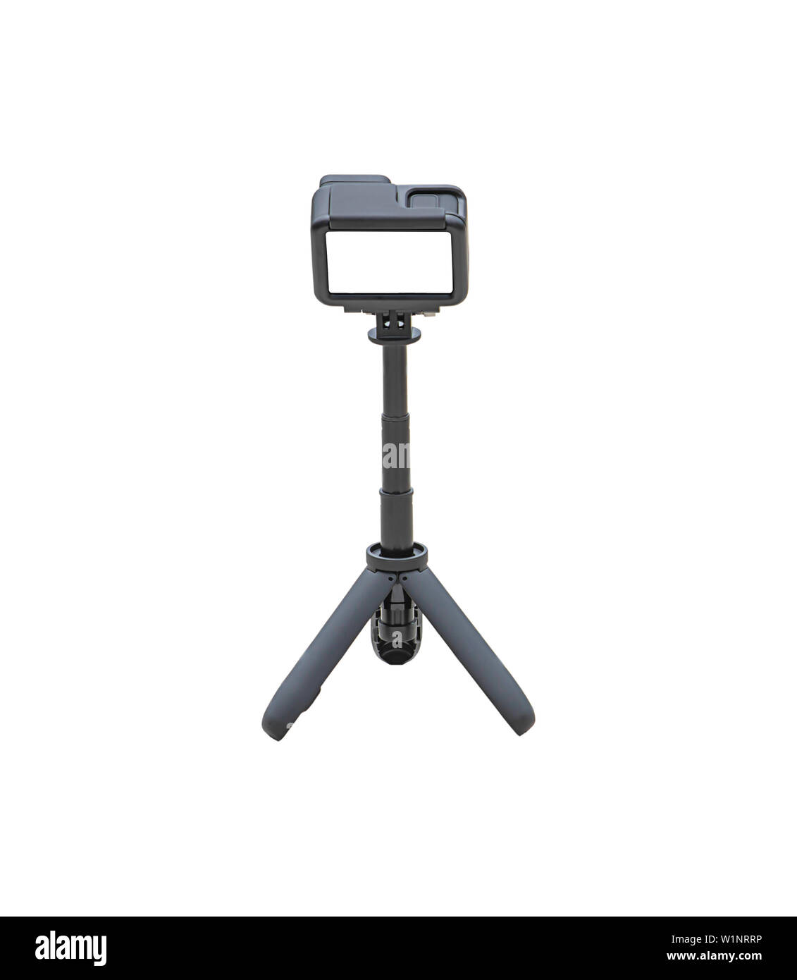 Fotocamera e video con un piccolo supporto nero su uno sfondo bianco con percorso di clipping. Foto Stock