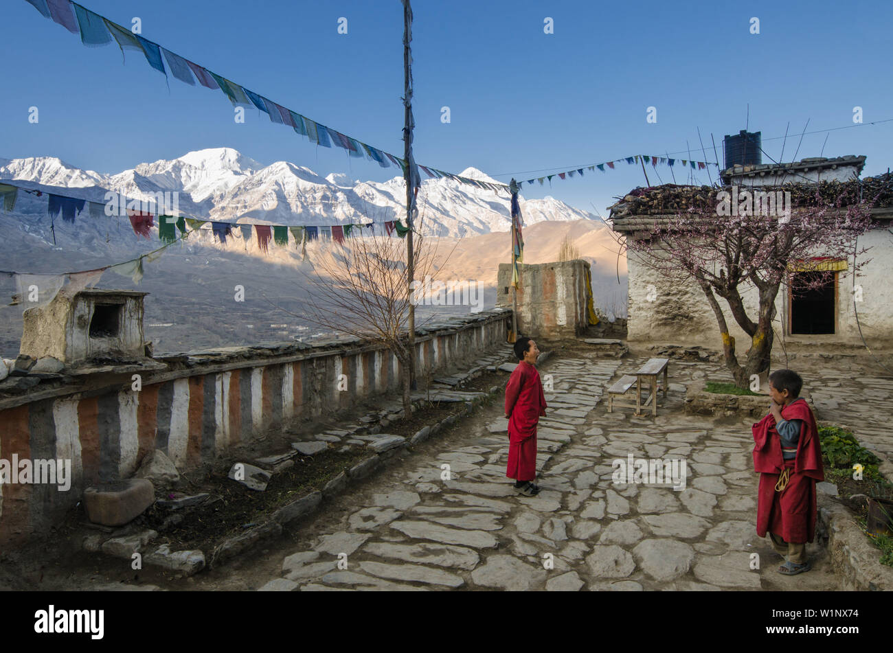 Giovani monchs davanti il Gompa buddista di Dzong, Jhong, villaggio presso il circuito di Annapurna Trek. In background Nilgiri (7061 m), Tilicho Peak ( Foto Stock