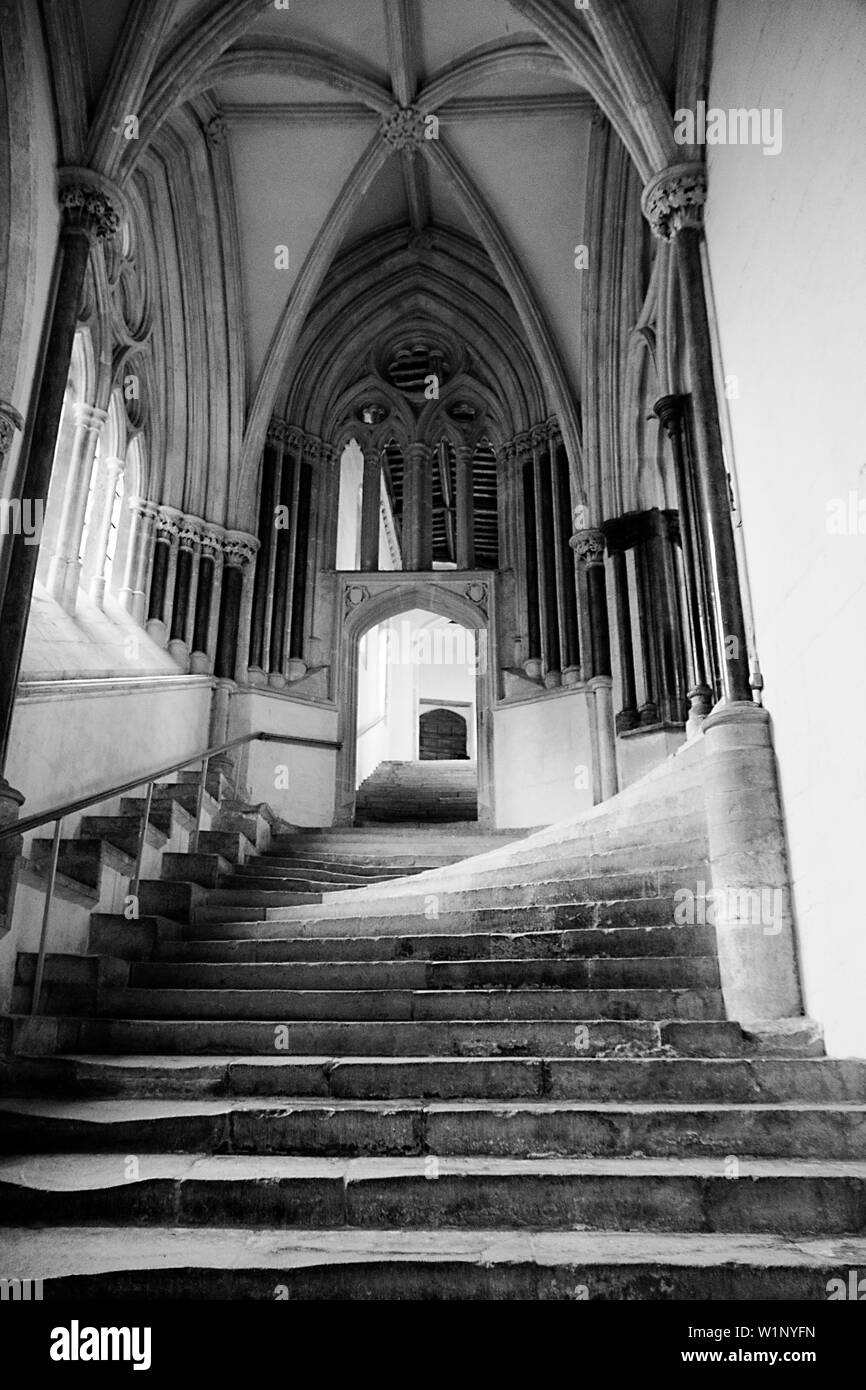 Cattedrale di Wells, per lo più la prima architettura gotica inglese dalla fine del XII all'inizio del XIII secolo con 300 figure scolpite sul fronte, Somerset. Foto Stock