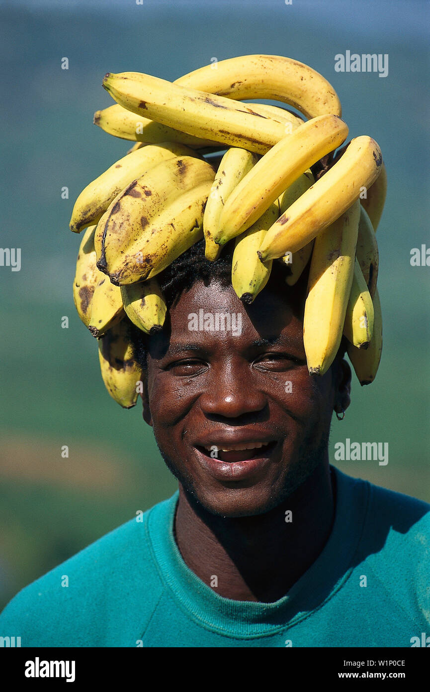 Harry-la-Banana-Man, Roseau Valle Santa Lucia Foto Stock