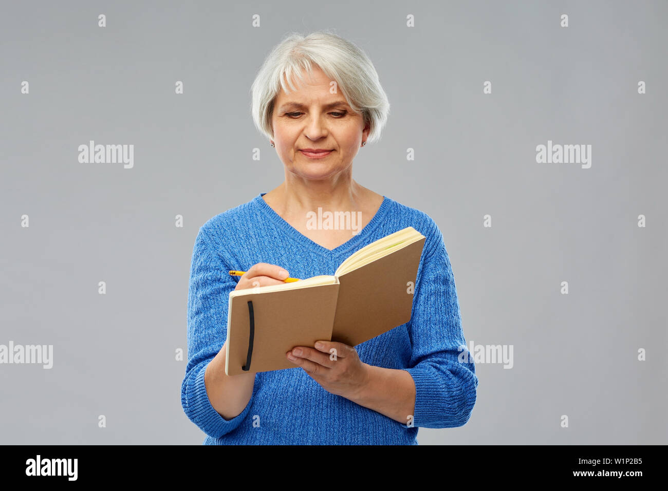 Donna senior iscritto al diario o notebook Foto Stock