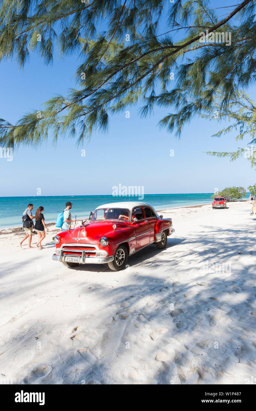 Oldtimer rosso sulla spiaggia di Cayo Jutias, vacanza in spiaggia, solitaria spiaggia da sogno, piccola e bella spiaggia di sabbia, mare blu turchese, Palm tree, viaggi in famiglia Foto Stock