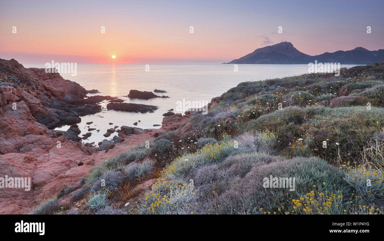 Atmosfera serale a Capu rossu, d'Arone, Corsica, Francia Foto Stock