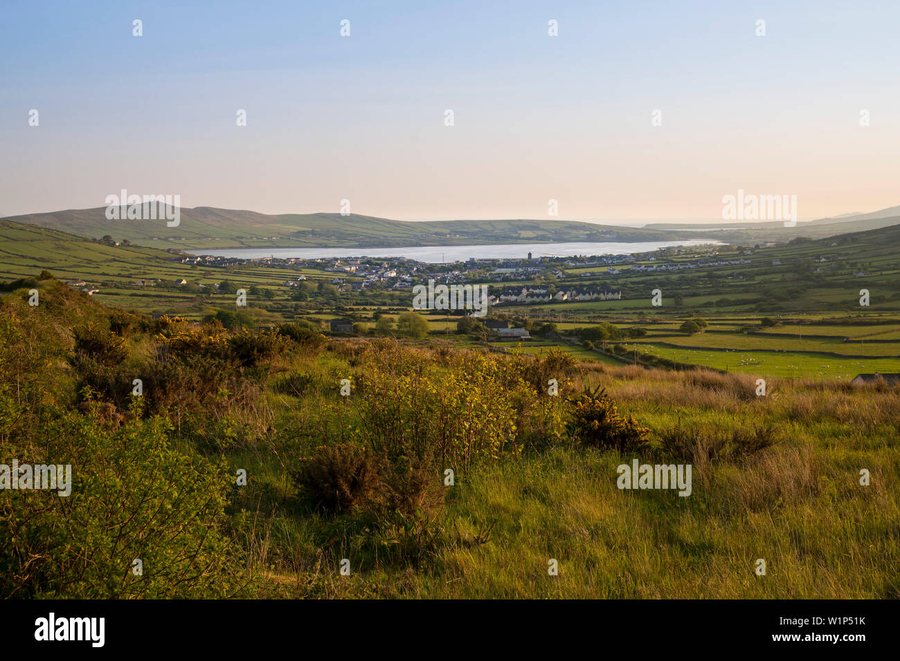 Vista della Baia di Dingle con la città dietro al tramonto, visto da mentre si cammina per la strada di Dingle, Dingle, penisola di Dingle, nella contea di Kerry, Irlanda, Europa Foto Stock