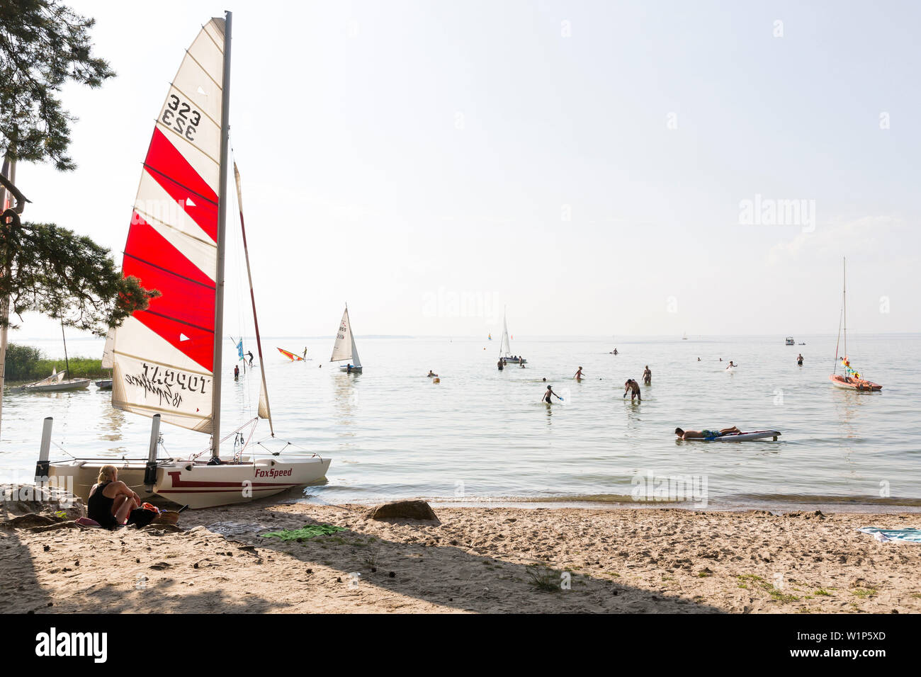 Barche, barche a vela, scuola di windsurf, riva del lago Müritz, Mecklenburg laghi, Meclemburgo Lake District, Boeker Mühle, Meclemburgo-Pomerania Occidentale Foto Stock