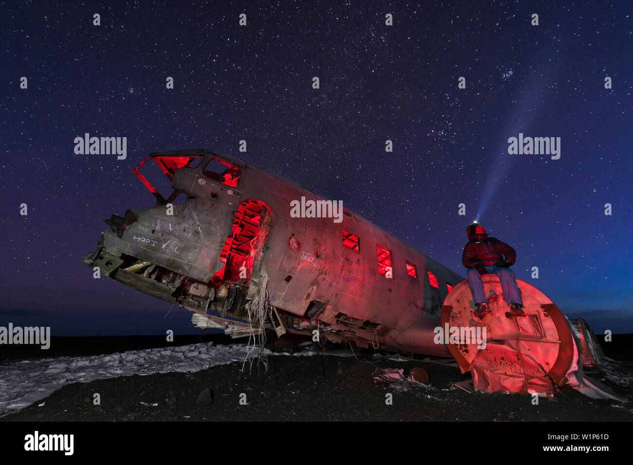 Notti al planewreck di un C117 che crash sbarcati nella Sólheimasandur, southcoast, Islanda Foto Stock