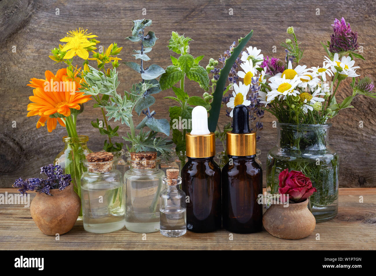 Oli essenziali con erbe e fiori su sfondo di legno Foto stock - Alamy