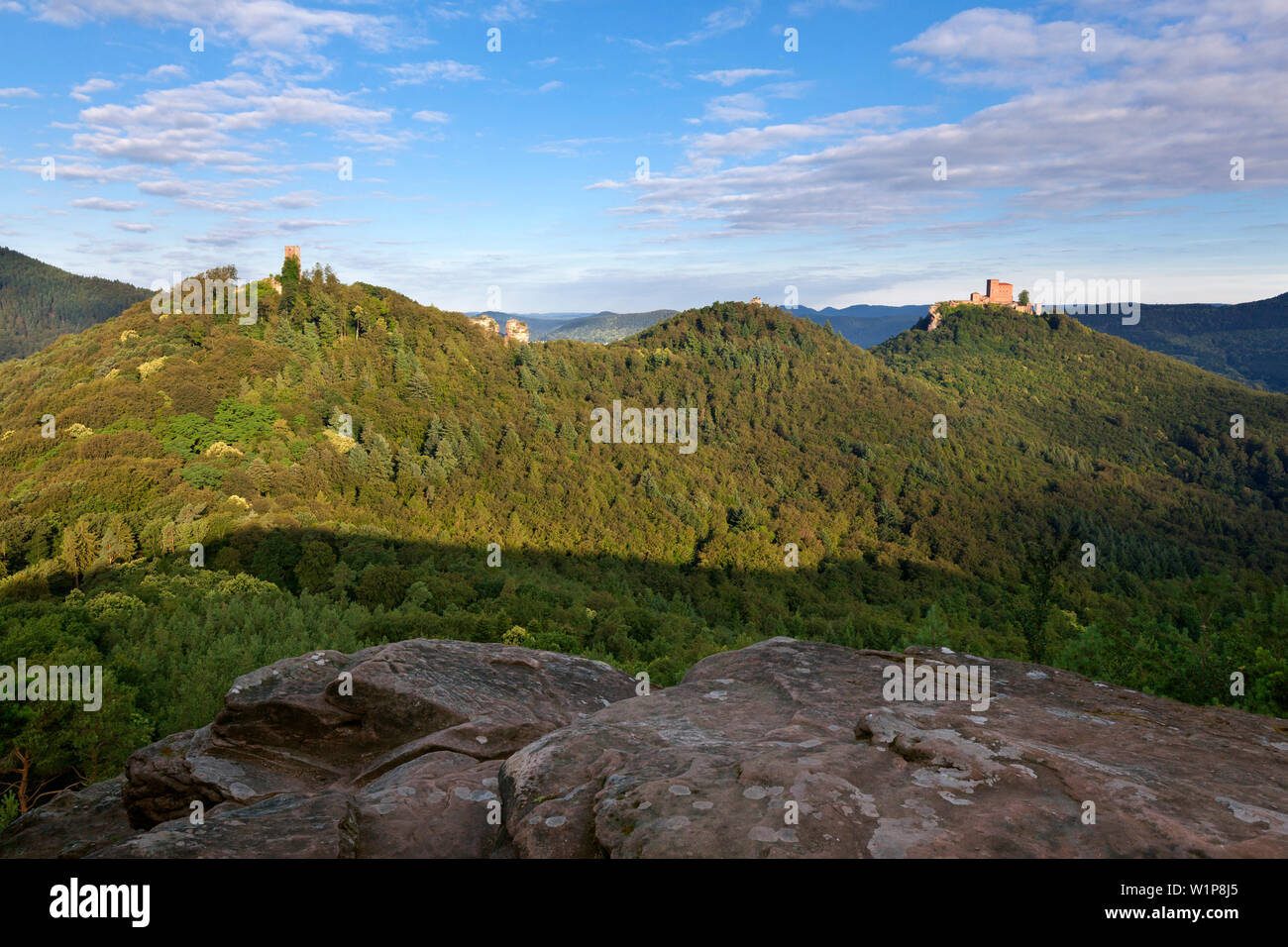 Vista Scharfenberg, Anebos e castello di Trifels, vicino Annweiler, Foresta del Palatinato, Renania-Palatinato, Germania Foto Stock