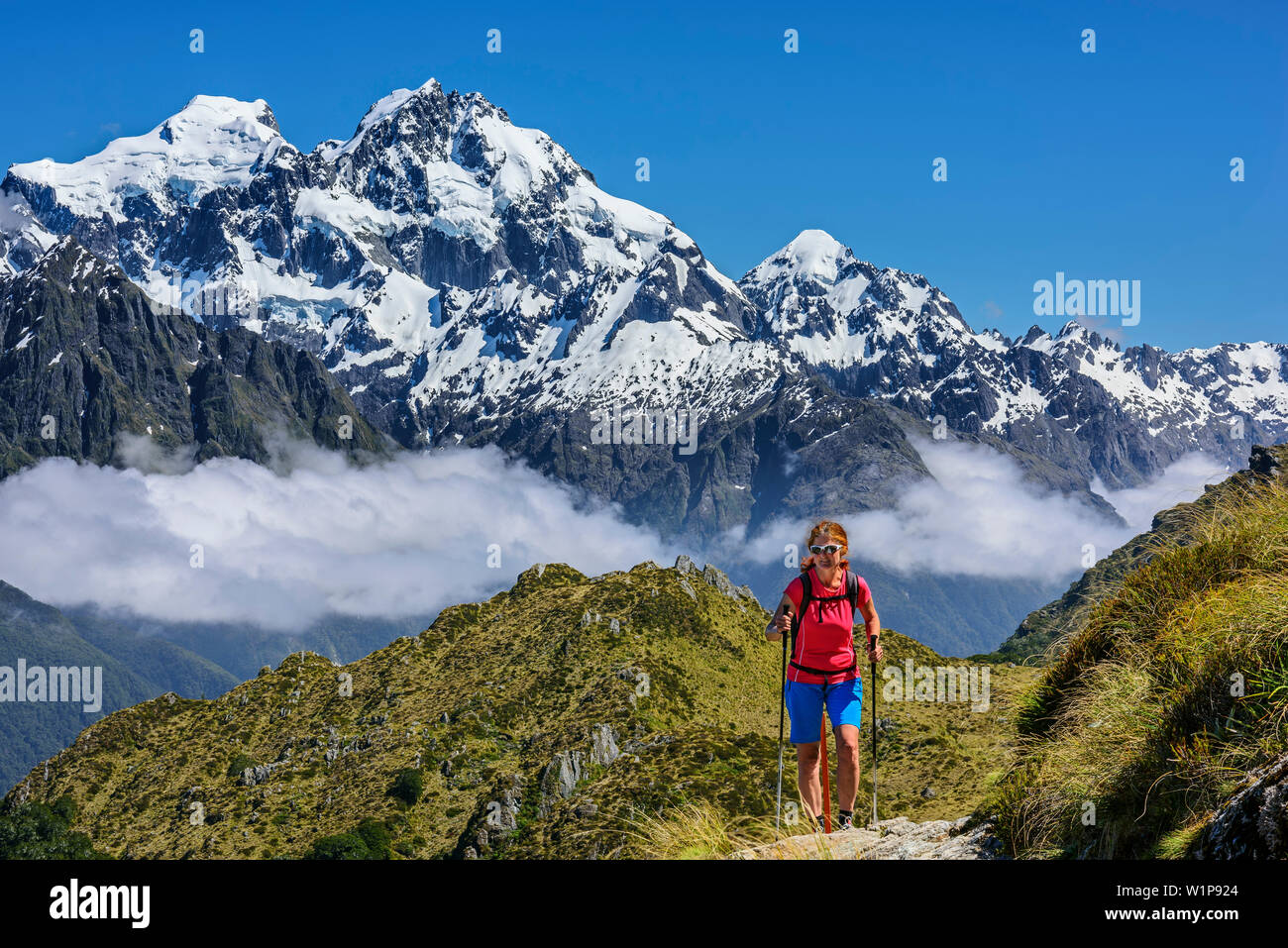 Donna escursionismo su Routeburn via con il Sud delle Alpi in background, Routeburn Track, grande passeggiate, Parco Nazionale di Fiordland, UNESCO Welterbe Te Wahipounam Foto Stock