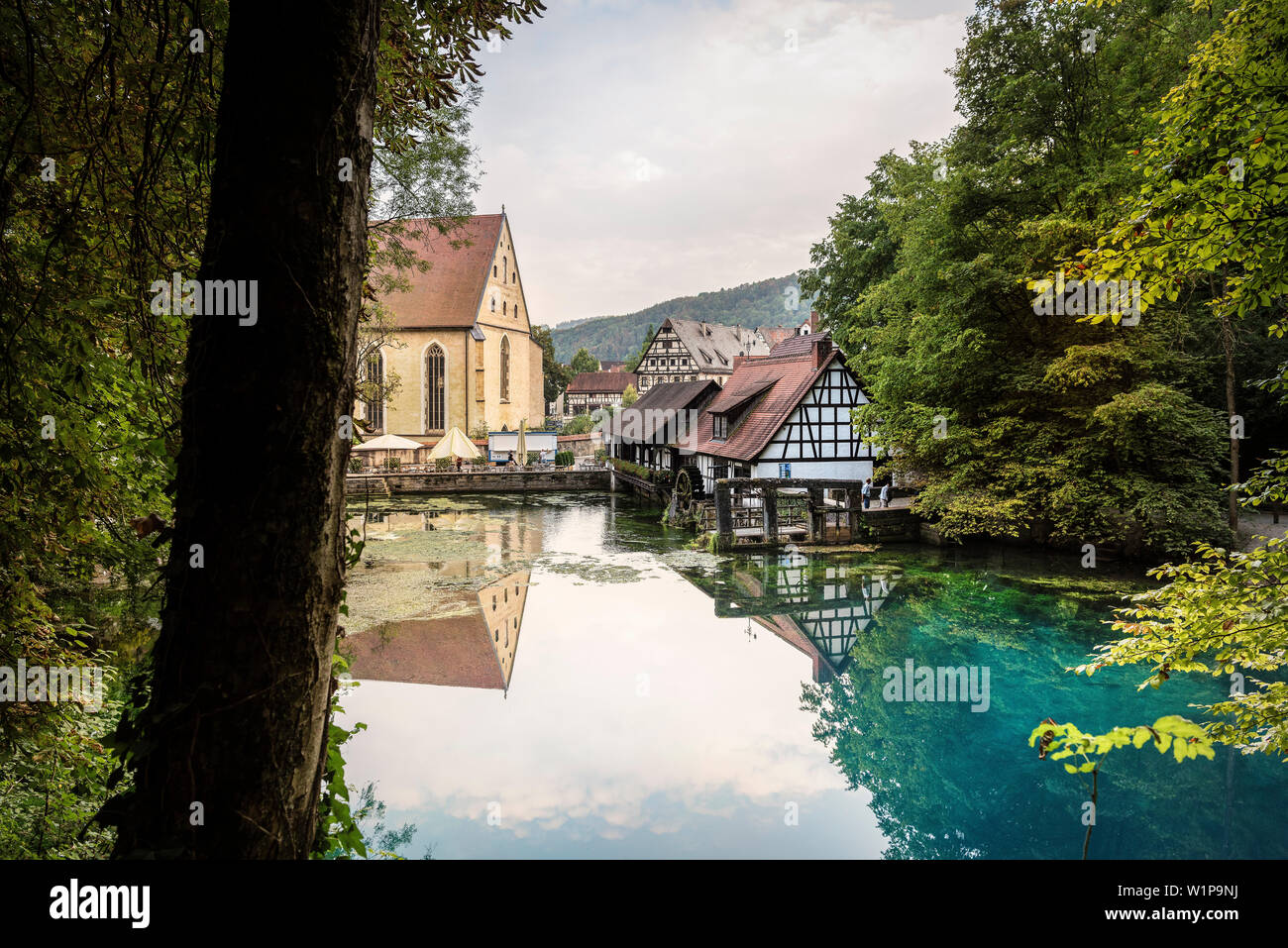Il "Blautopf" a Blaubeuren, vista sul monastero, mulino a martelli e histroic town center, Alb Distretto del Danubio, Svevo, Baden-Wuerttemberg, Germania Foto Stock