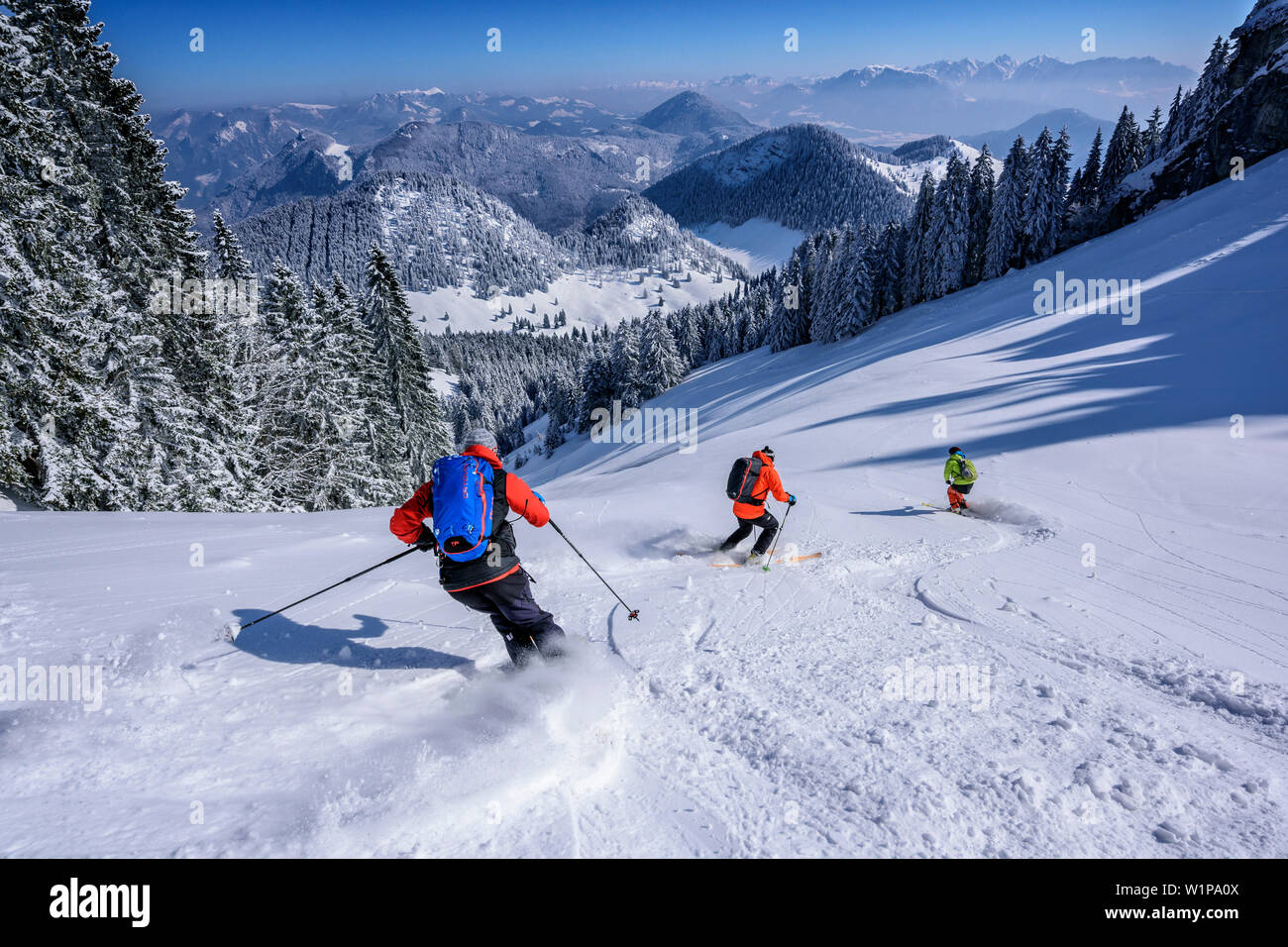 Tre persone sci backcountry discendente dalla Wildalpjoch, Wildalpjoch, Alpi Bavaresi, Alta Baviera, Baviera, Germania Foto Stock