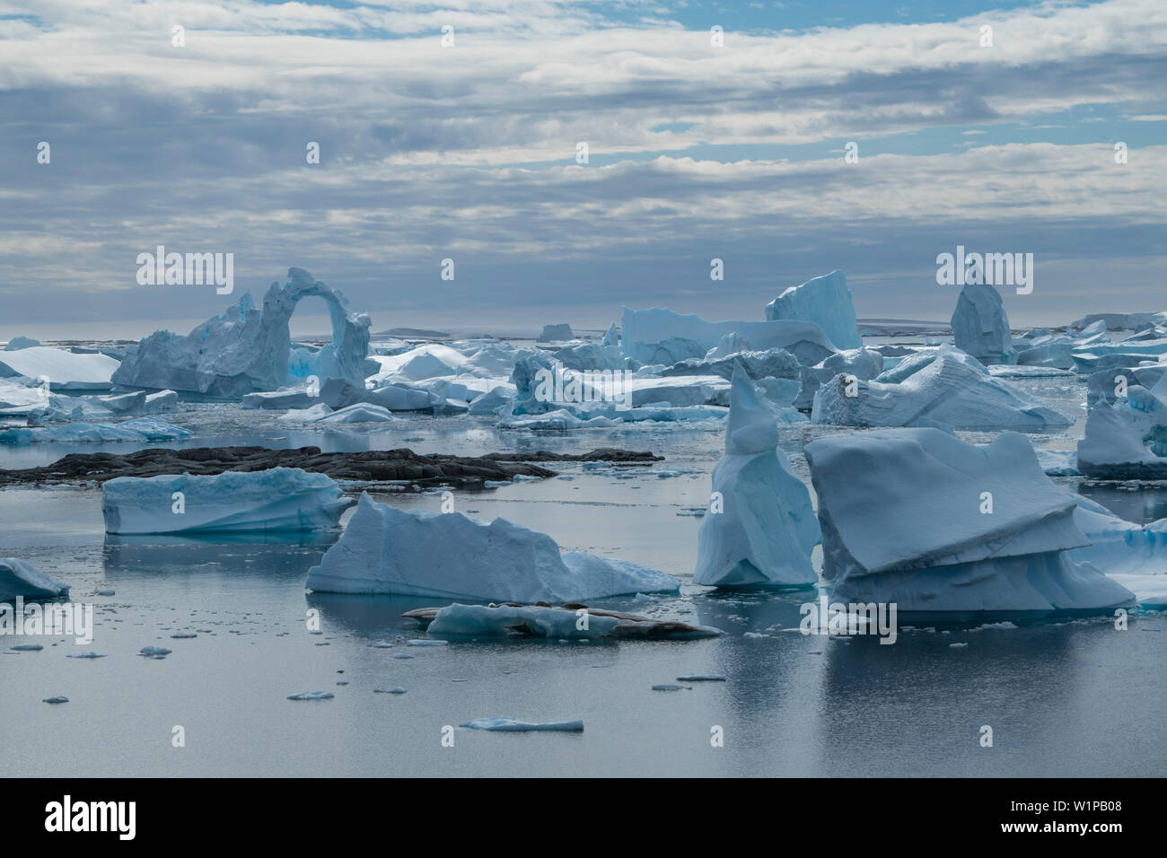 In una scena di stranamente formata iceberg, ONE presenta un delicato cercando archway almeno 20 metri di altezza, Pleneau Island, Wilhelm arcipelago, Antartide Foto Stock
