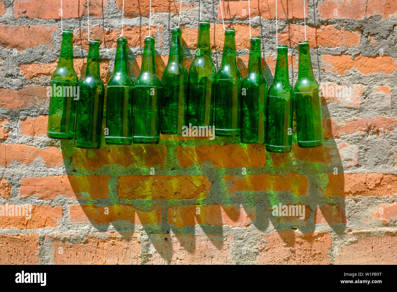 Dieci bottiglie verdi appeso a una parete Zala county Ungheria Foto Stock