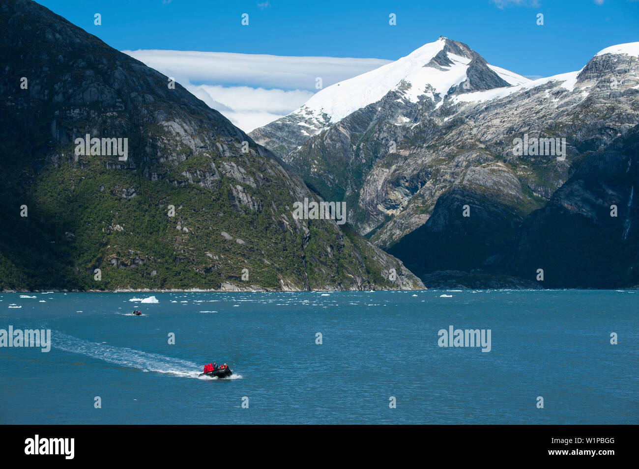 Zodiac gommoni con i passeggeri da un expedition nave da crociera di ritorno alla nave dopo aver esplorato il litorale, ghiacciaio Garibaldi, in prossimità del Canale di Beagle, Albe Foto Stock