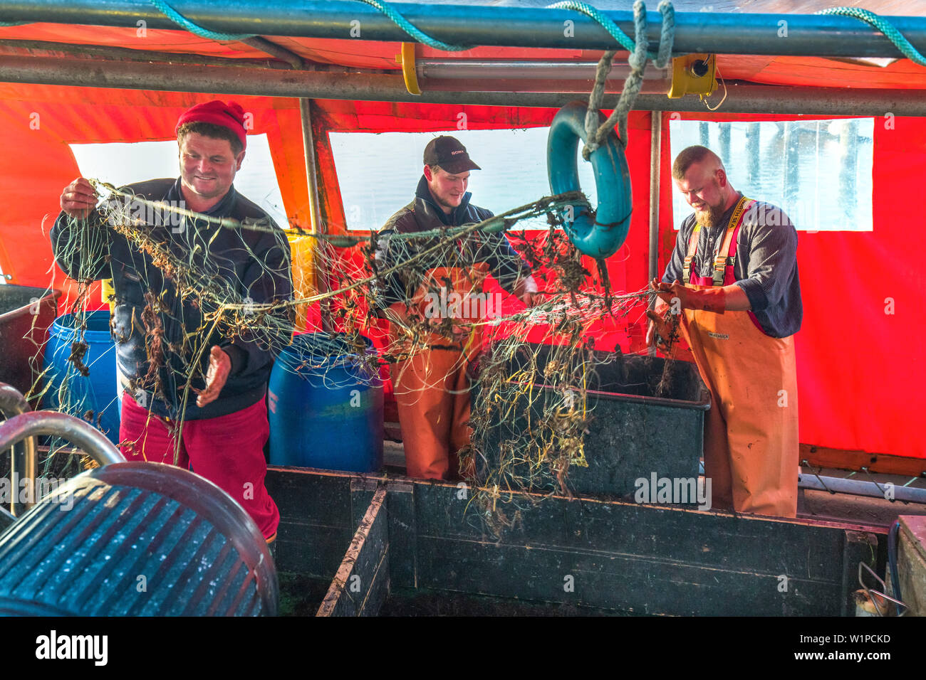 I pescatori con net, Gager, Moenchgut, Ruegen Isola, Meclemburgo-Pomerania Occidentale, Germania Foto Stock
