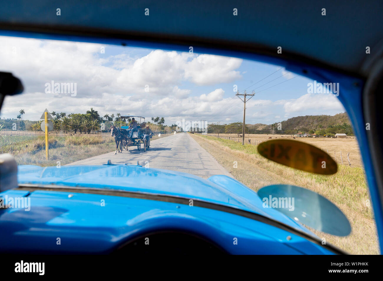 Sulla strada da Cayo Coco a Santa Clara, sulla strada, vuoto street, senza traffico, carrozza trainata da cavalli, cavallo, cavallo di carrello, trasporti, oldtimer, blu, f Foto Stock