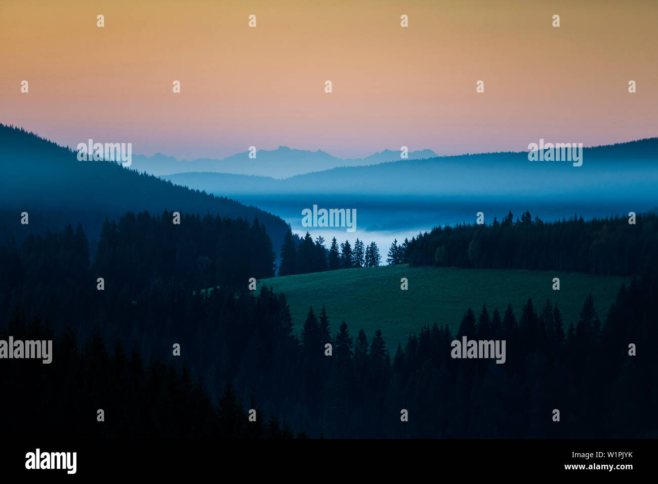 Il paesaggio e la nebbia autunnale, Jostal, Neustadt, Foresta Nera, Baden-Württemberg, Germania Foto Stock