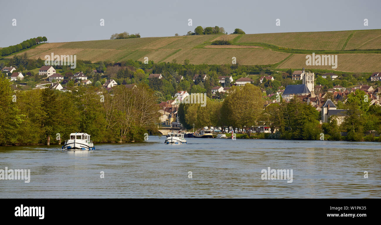Case galleggianti sul fiume Yonne vicino a Joigny , dipartimento Yonne , Borgogna , Francia , in Europa Foto Stock