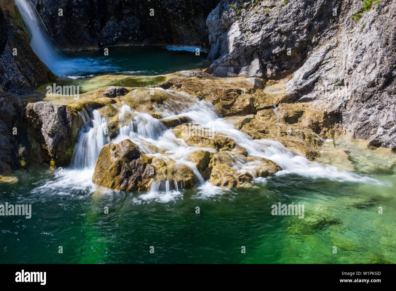 Cascata Stuibenfälle, Jumping Jack, Reutte, Valle del Lech, Tirolo, Austria, Europa Foto Stock