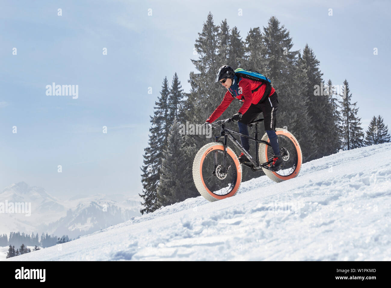 Un giovane uomo su un fatbike, snowbike, mountainbike a Sparenmoos sopra Gstaad, Oberland bernese, Svizzera Foto Stock