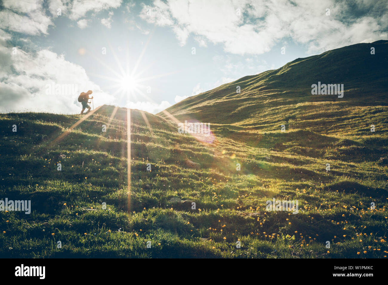 Alpinista di arrampicata in controluce, E5, Alpenüberquerung, seconda fase, Lechtal, Kemptner Hütte a Memminger Hütte, Tirolo, Austria, Alpi Foto Stock