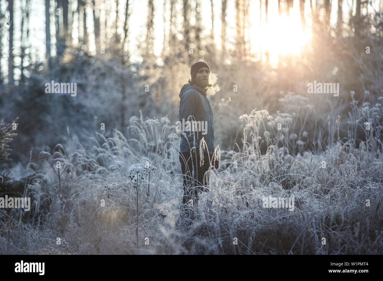 Giovane maschio runner in piedi in un coperto di brina foresta, Allgaeu, Baviera, Germania Foto Stock