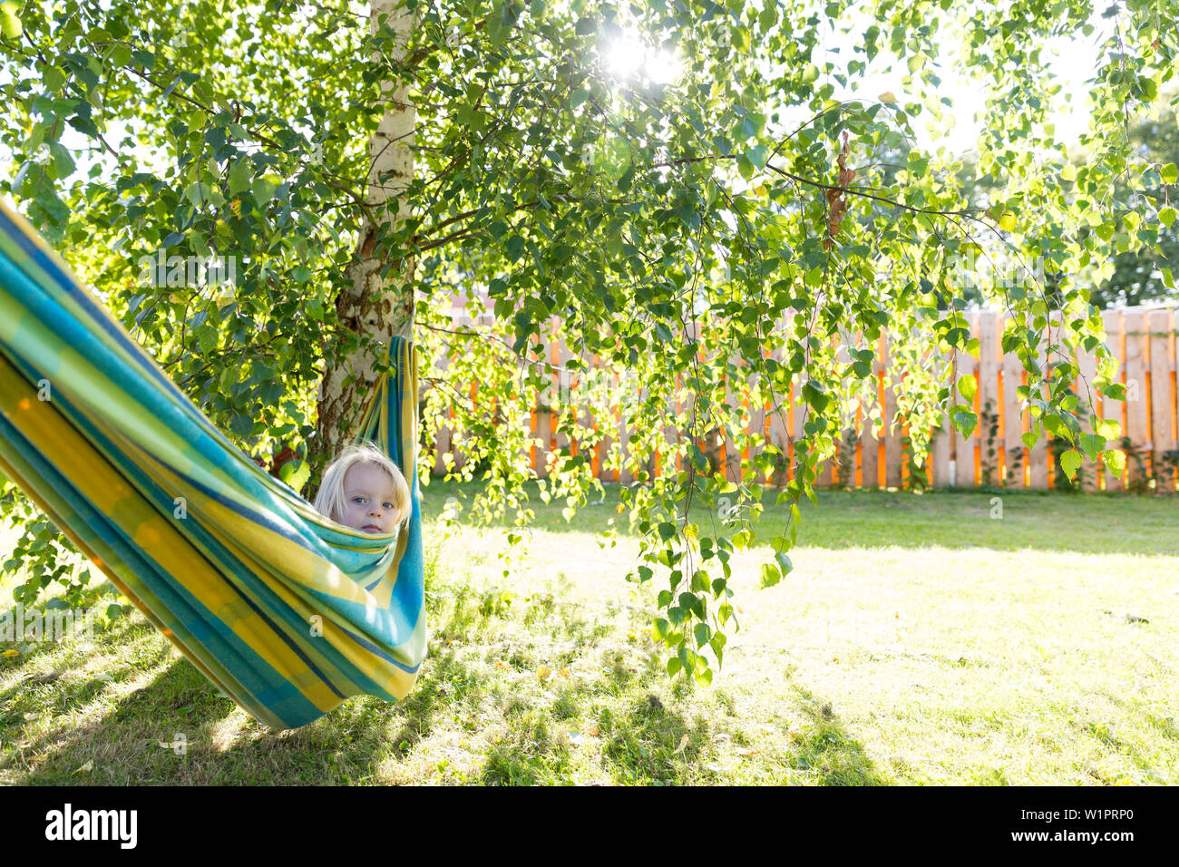 Bambina in una amaca, giardino con alberi, estate, Meclemburgo Lake District, Signor, Signor, Schwaan, Meclemburgo-Pomerania Occidentale, Germania, Europa Foto Stock
