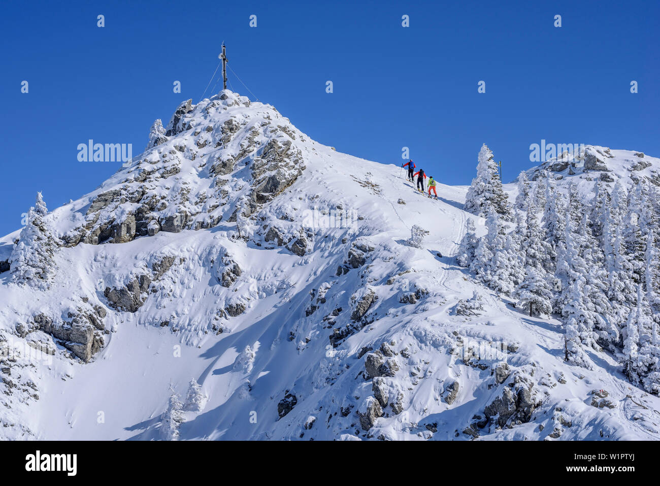 Tre persone sci backcountry salendo verso Wildalpjoch, Wildalpjoch, Alpi Bavaresi, Alta Baviera, Baviera, Germania Foto Stock