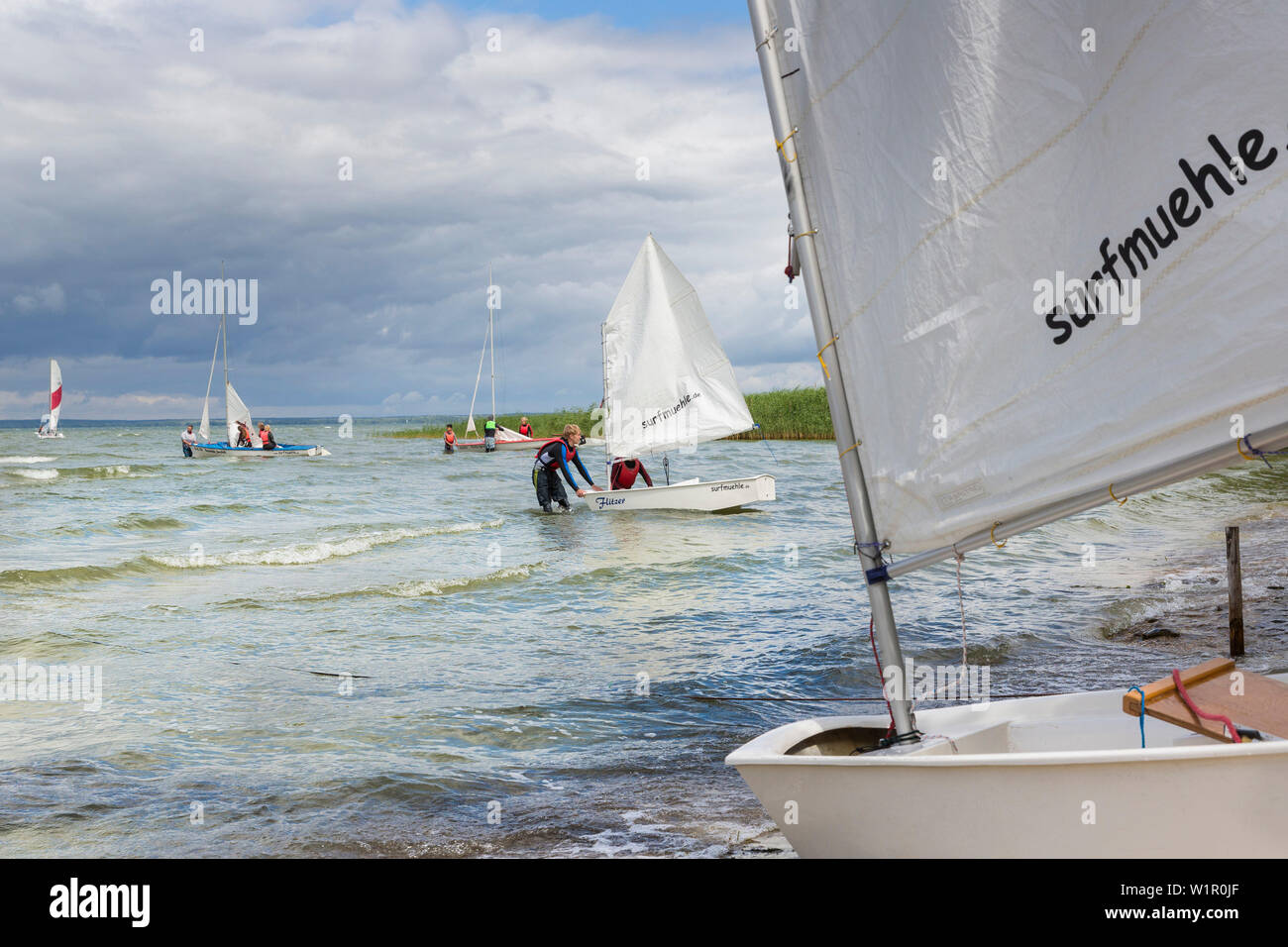 Barche, barche a vela, scuola di windsurf, riva del lago Müritz, Mecklenburg laghi, Meclemburgo Lake District, Boeker Mühle, Meclemburgo-Pomerania Occidentale Foto Stock