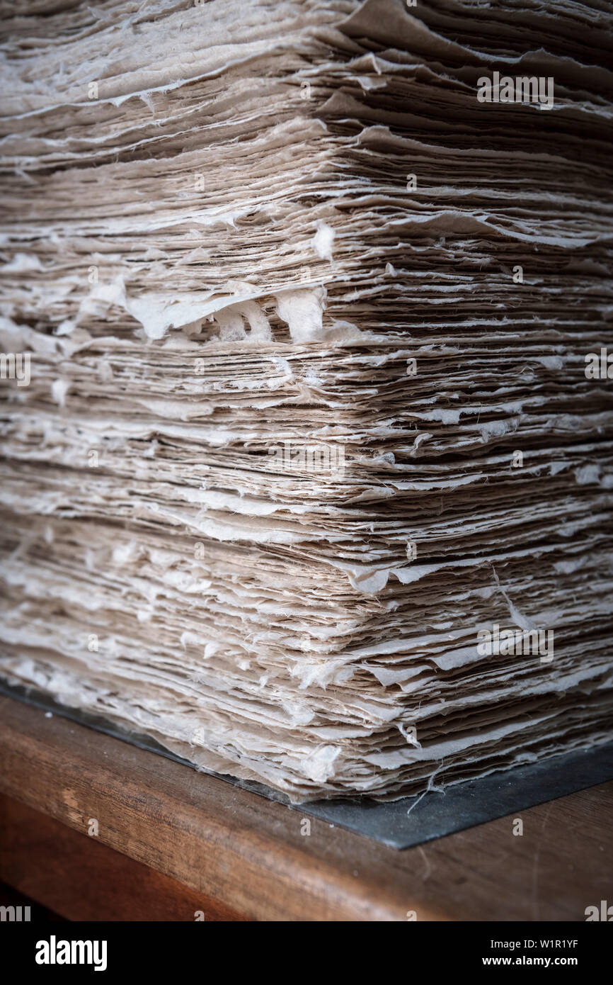 La compressione della carta per belle arti, storico per la produzione di carta a Fundación San Lorenzo, Barichara, Departmento Santander, Colombia, Southamerica Foto Stock