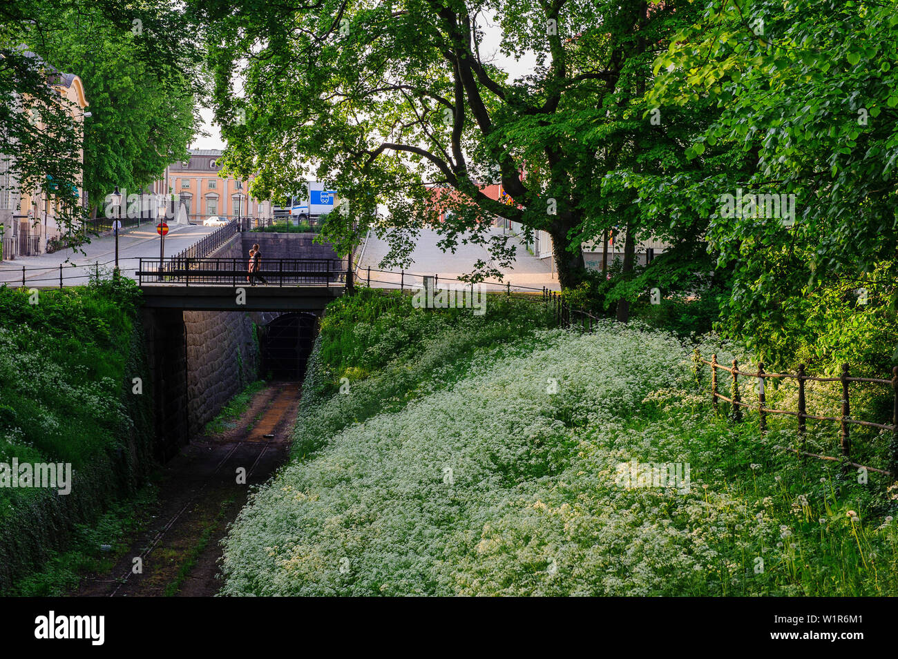 In disuso vecchia linea ferroviaria che porta, Karlskrona, Blekinge, Svezia meridionale, Svezia Foto Stock