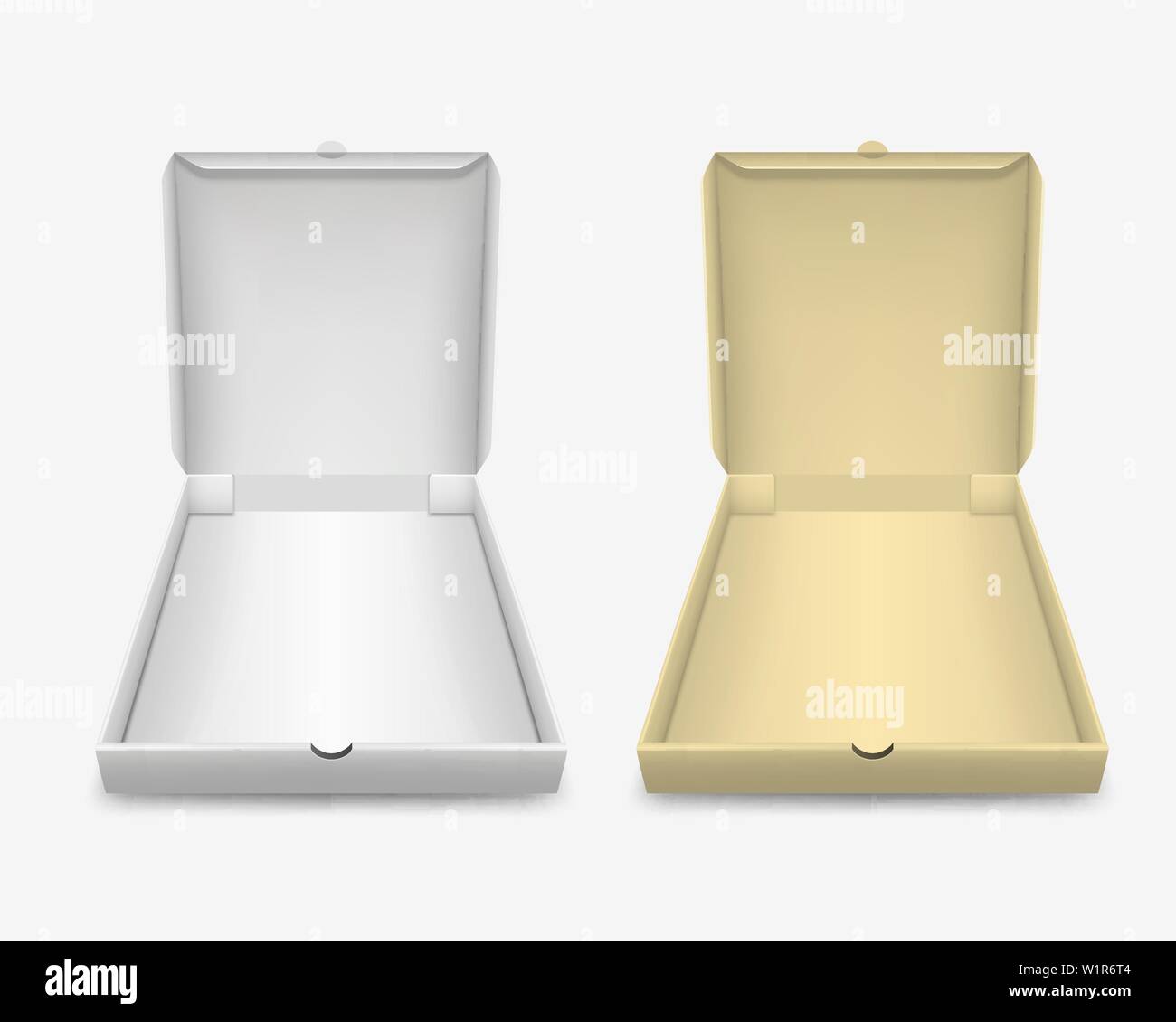 Vettore 3D realistici in bianco in bianco e marrone aperto Scatola pizza template impostare Closeup isolati su sfondo bianco. Mockup per Logo, Corporate Design. Parte superiore Illustrazione Vettoriale