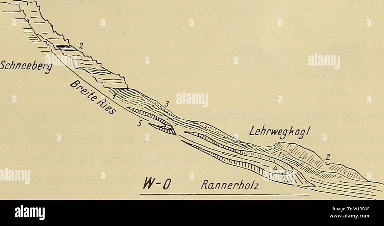 Immagine di archivio da pagina 48 del Denkschriften - Österreichische Akademie der. Denkschriften - Österreichische Akademie der Wissenschaften denkschrift96191819akad Anno: 1850 Puchberß Sie werden von einer überlagert Zona, die mehrere Streifen von schwarzen Tonschiefern und Kalken enthält, anche wohl den Raibler Schichten angehörig sein dürfte. Diese Schichten stoßen nordwärts un eine von Osten suo einspitzende Zunge von Werfener Schichten. Steigt man aber von Stremberg nordwärts gerade zum Gipfel des Kienbergs (1014 W) empor, così trifft man unmittelbar hinter den Hallstätterkalken auf die dunklen Foto Stock