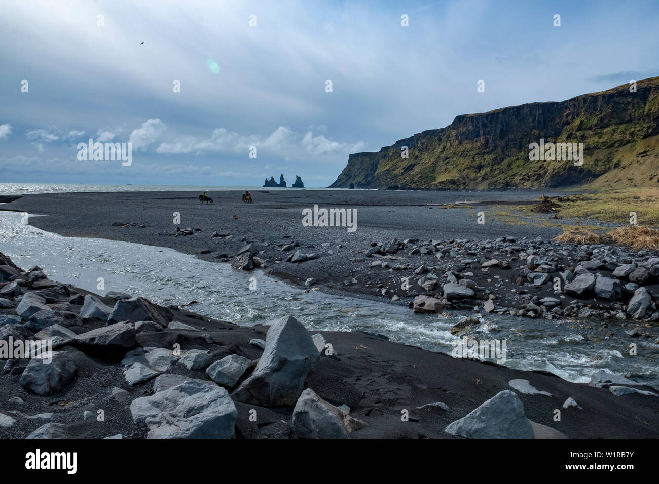 La spiaggia di sabbia nera di Vik, Islanda su un nuvoloso giorno di primavera Foto Stock