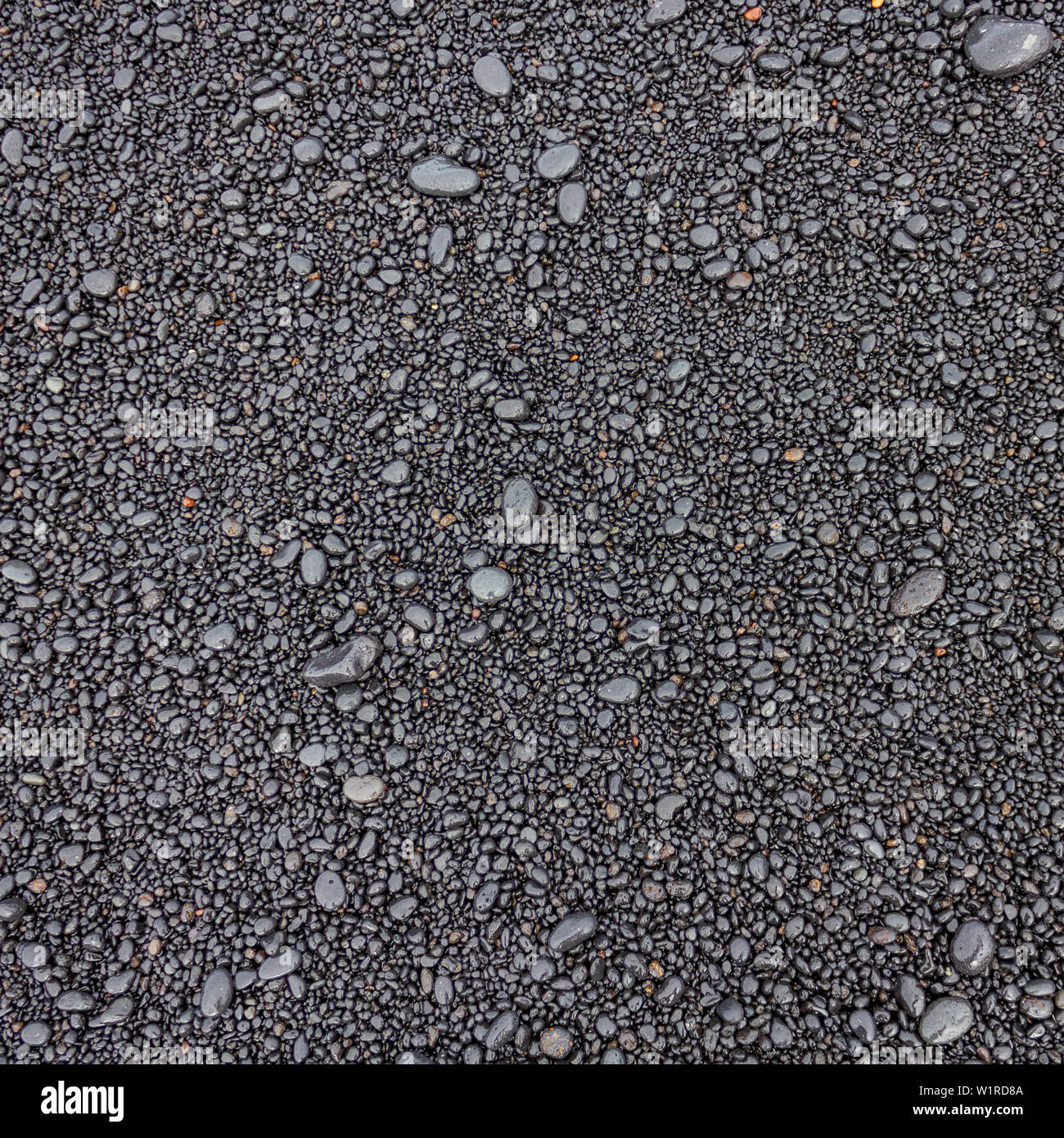 Di piccola taglia spiaggia bagnata di pietre di origine vulcanica con una varietà di forme arrotondate e colori grigi come una texture di sfondo Foto Stock