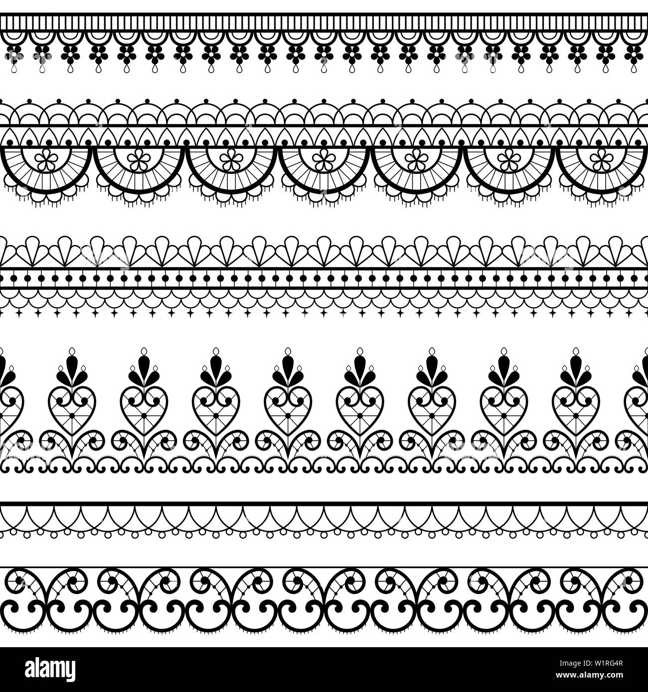 Pizzo openwork seamless disegno vettoriale, ornamentali Retrò design ripetitivi con fiori e volute in nero su sfondo bianco Illustrazione Vettoriale