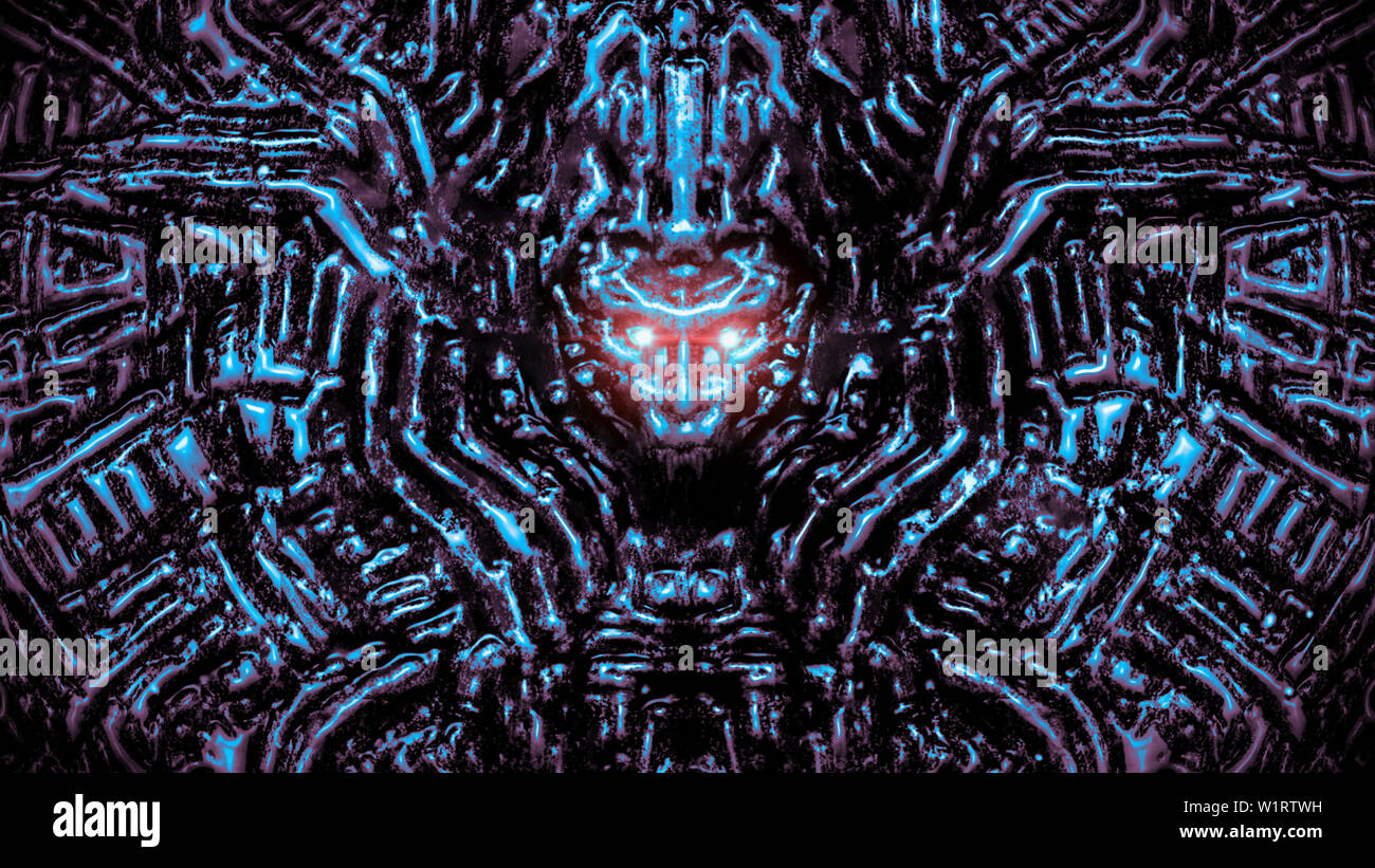 Parete elettronico con bassorilievi e sporgente della testa del robot. Le lampade incandescenti e meccanismi sotto l'acqua. Illustrazione in genere di fantascienza. Blue co Foto Stock