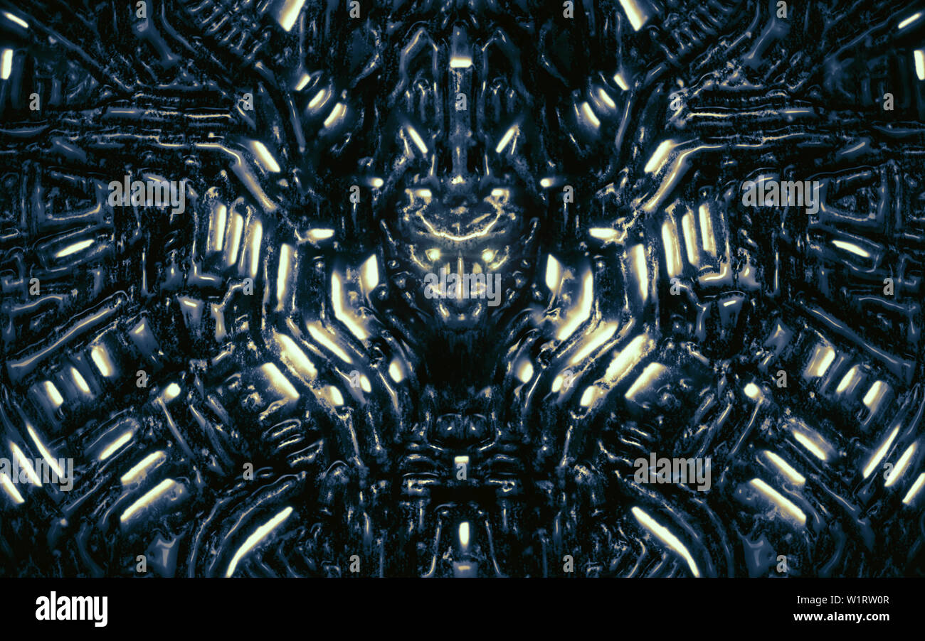 Parete elettronico con bassorilievi e sporgente della testa del robot. Le lampade incandescenti e meccanismi sotto l'acqua. Illustrazione in genere di fantascienza. Blue co Foto Stock