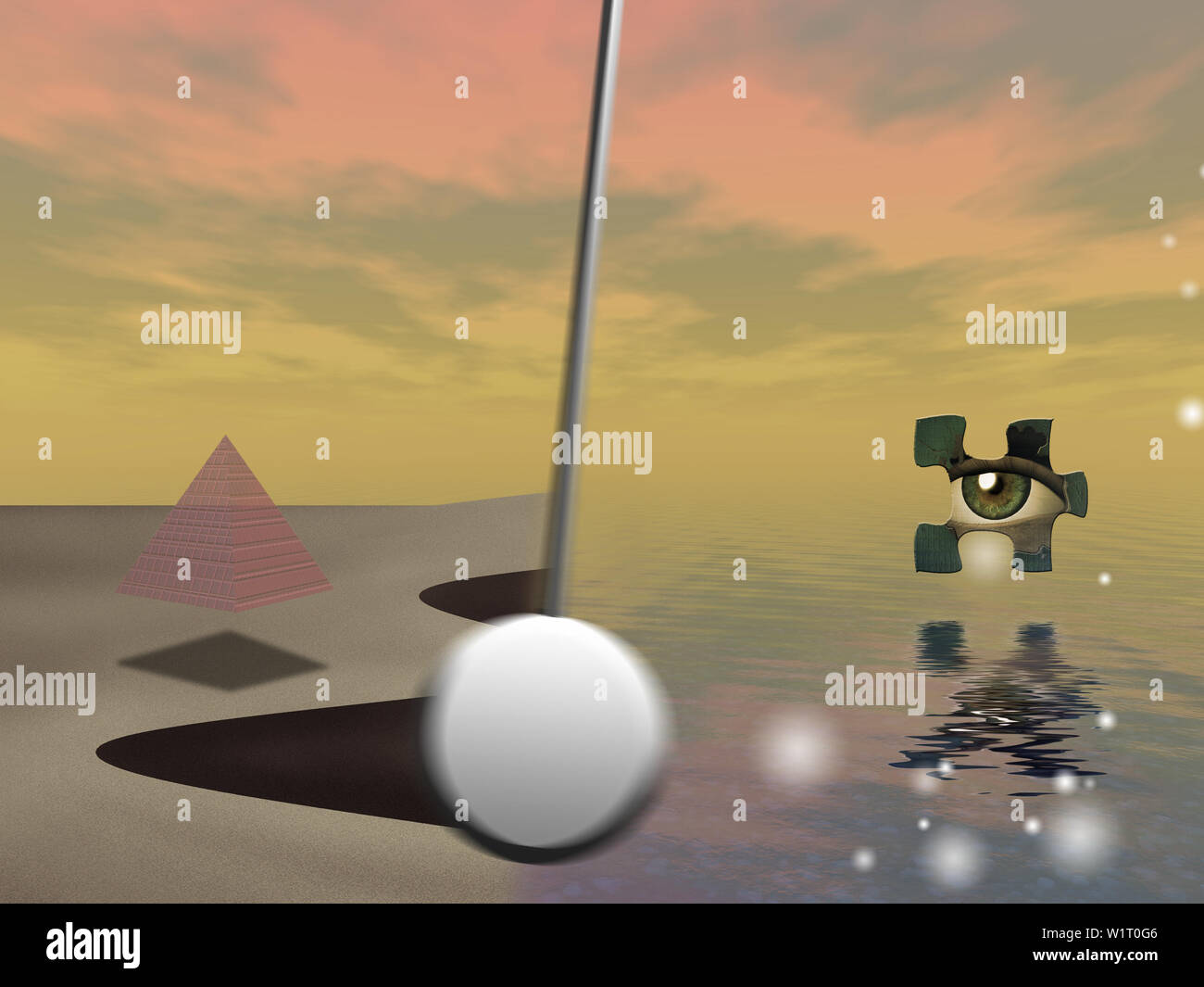 Composizione simbolica. Culla del tempo. Pendolo, piramide e all seeing eye nel pezzo di puzzle Foto Stock