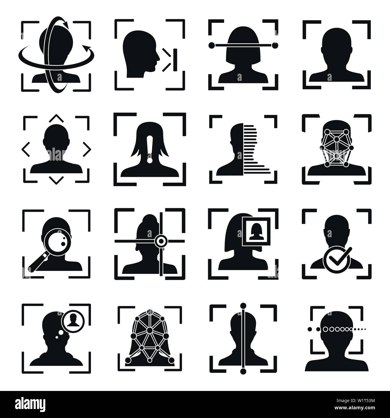 Sistema di riconoscimento facciale id set di icone. Semplice insieme del sistema di riconoscimento facciale id icone vettoriali per il web design su sfondo bianco Illustrazione Vettoriale