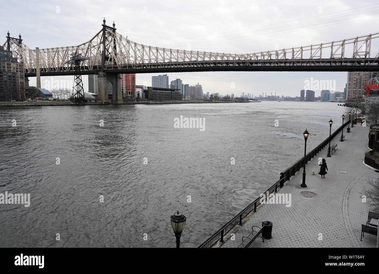 Il Queensboro Bridge, 59th Street Bridge e l'East River, NY, guardando a sud di Manhattan Upper East Side Foto Stock