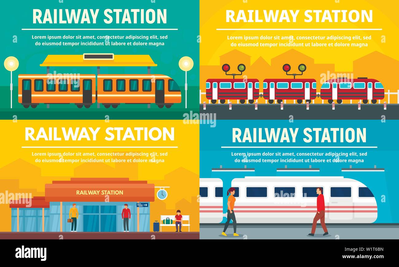 Stazione ferroviaria di set di banner. Illustrazione piana della stazione ferroviaria di vettore set di banner per il web design Illustrazione Vettoriale