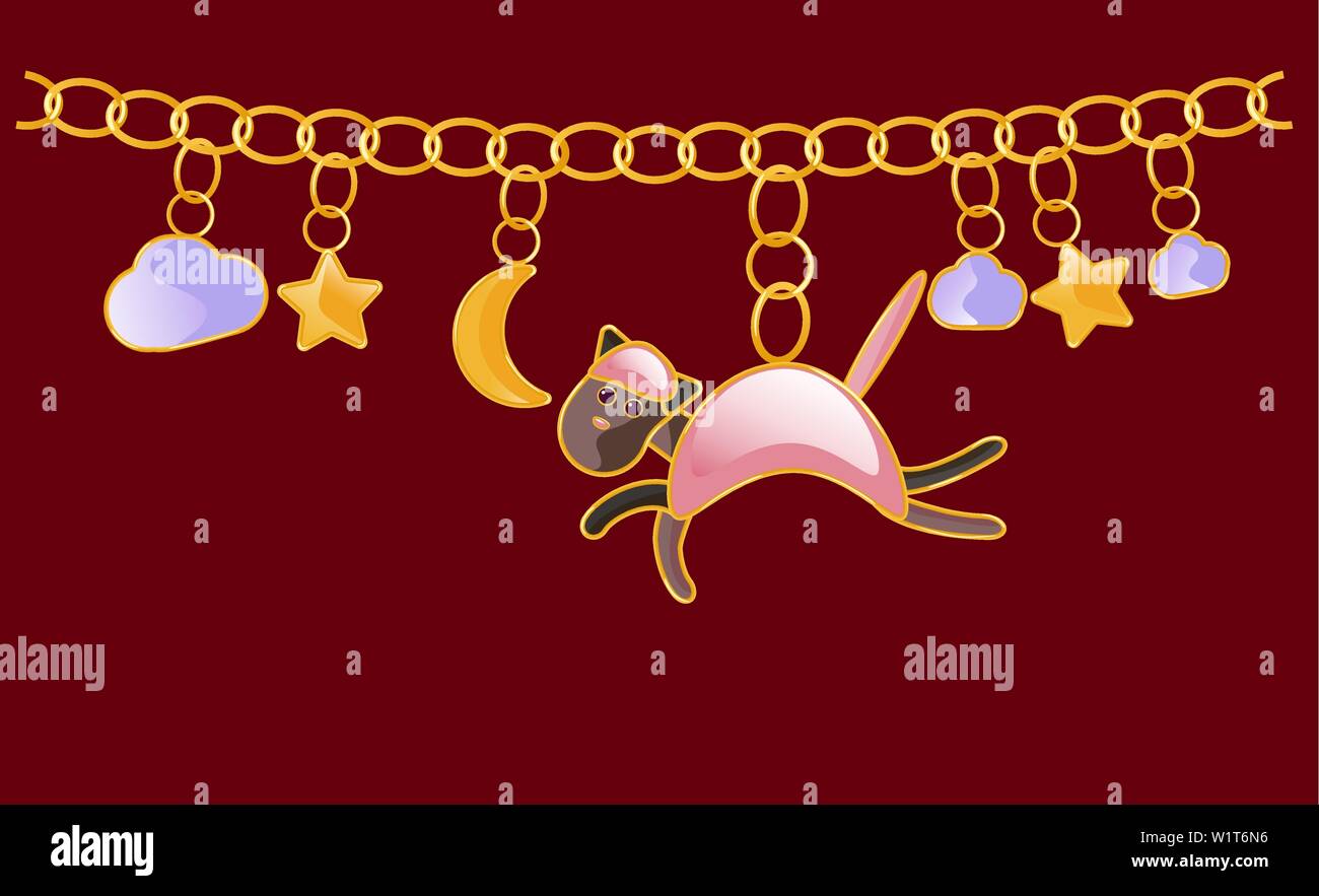 Collana in oro. Braccialetto di fascino. Catena con anelli gialli. Design con gatto rosa star, cielo notturno, cloud luna. Per creare stampe su bambini s abbigliamento, te Illustrazione Vettoriale