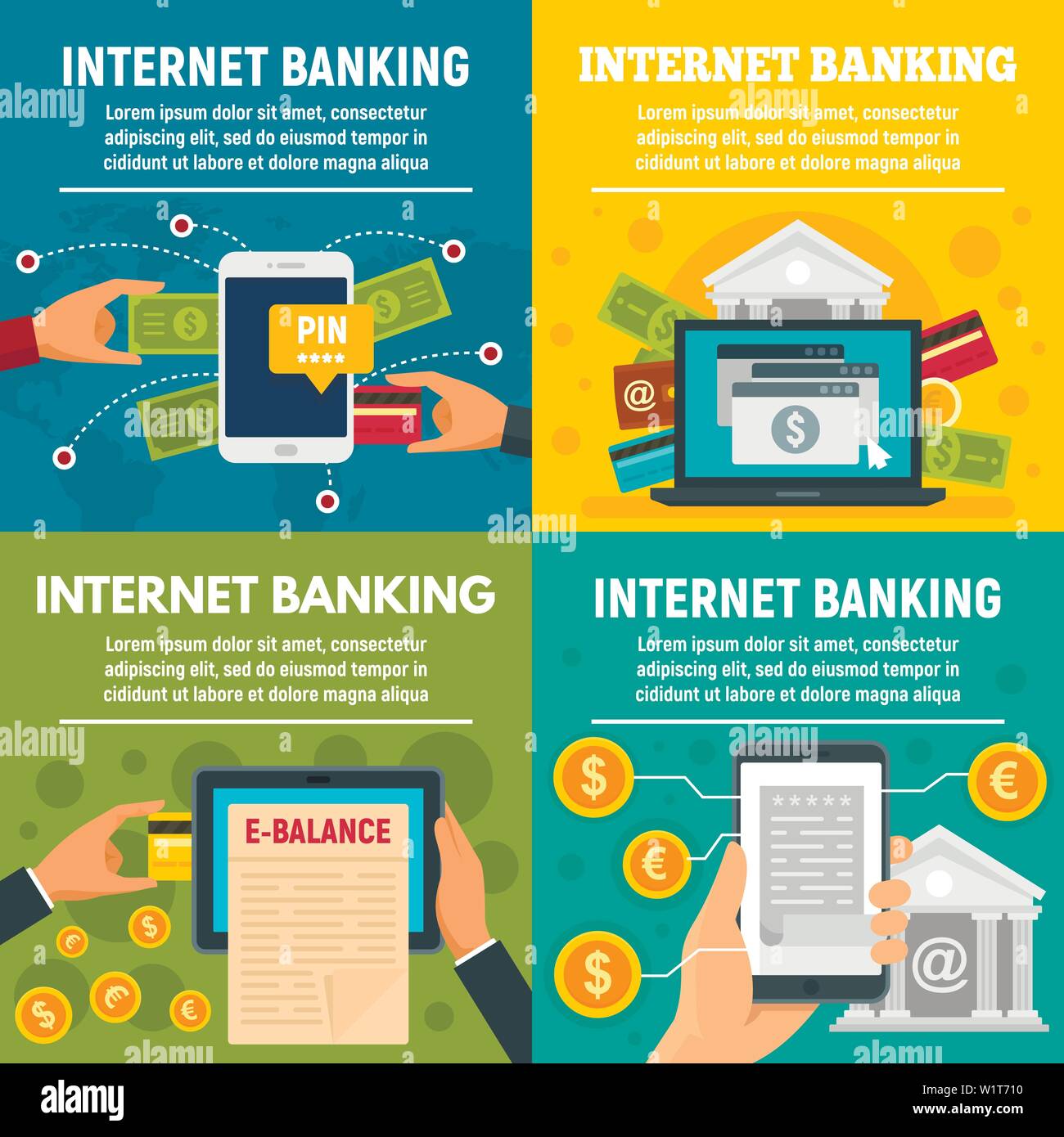 L internet banking banner set. Illustrazione piana di internet banking vettore set di banner per il web design Illustrazione Vettoriale