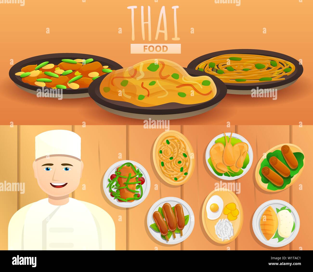 Il cibo tailandese set di banner. Cartoon illustrazione di cibo tailandese vettore set di banner per il web design Illustrazione Vettoriale