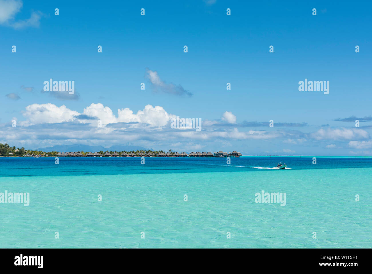 Un piccolo motoscafo attraversa da più scuri blu, acqua profonda nell'accendino, blu-verde, acque poco profonde, con bungalow Overwater su palafitte da una luxu Foto Stock