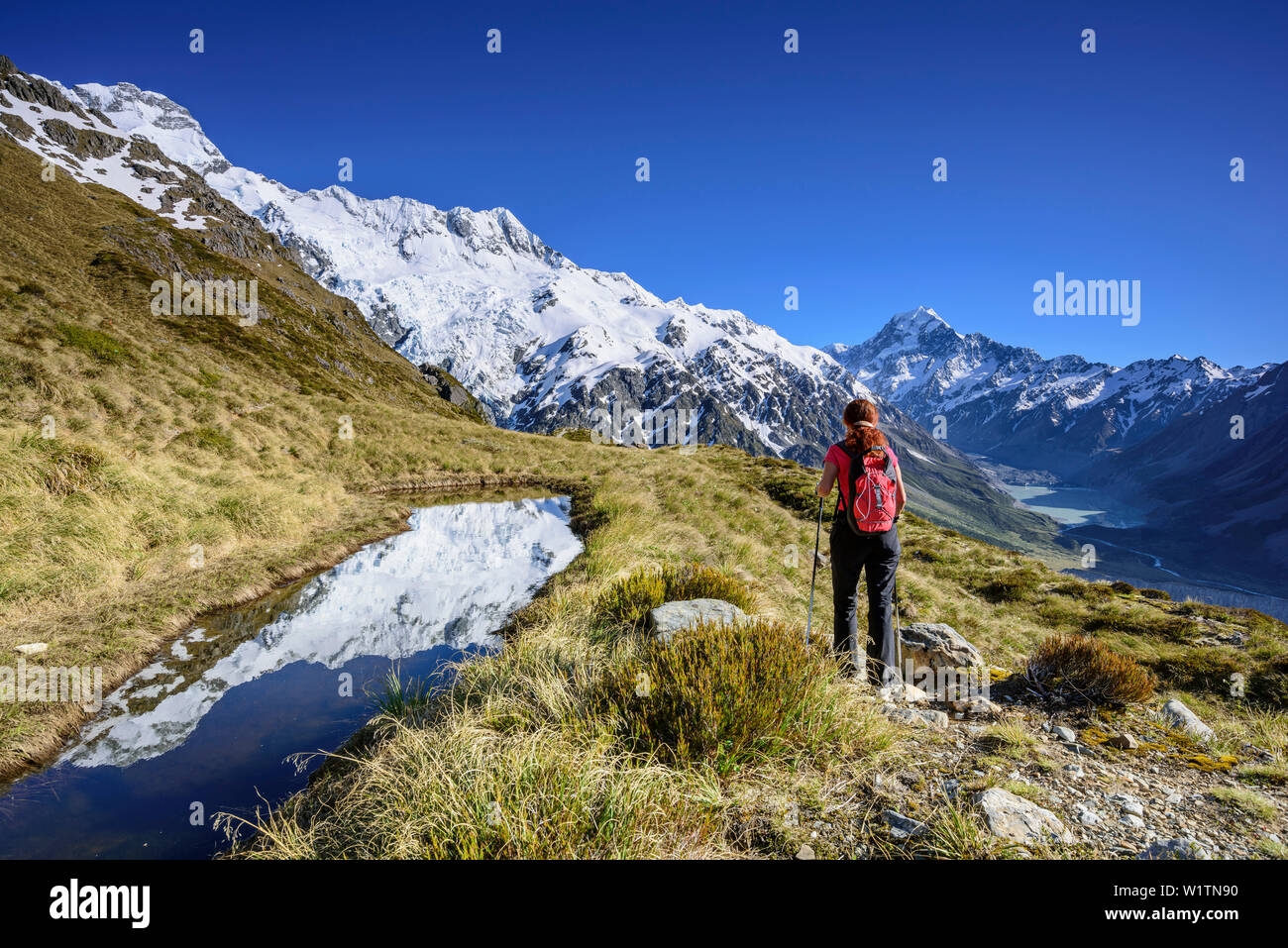 Woman Hiking accanto al lago di montagna con la riflessione, Mount Sefton, Mount Cook e Hooker valle in background, Hooker Valley, il Mount Cook National Par Foto Stock