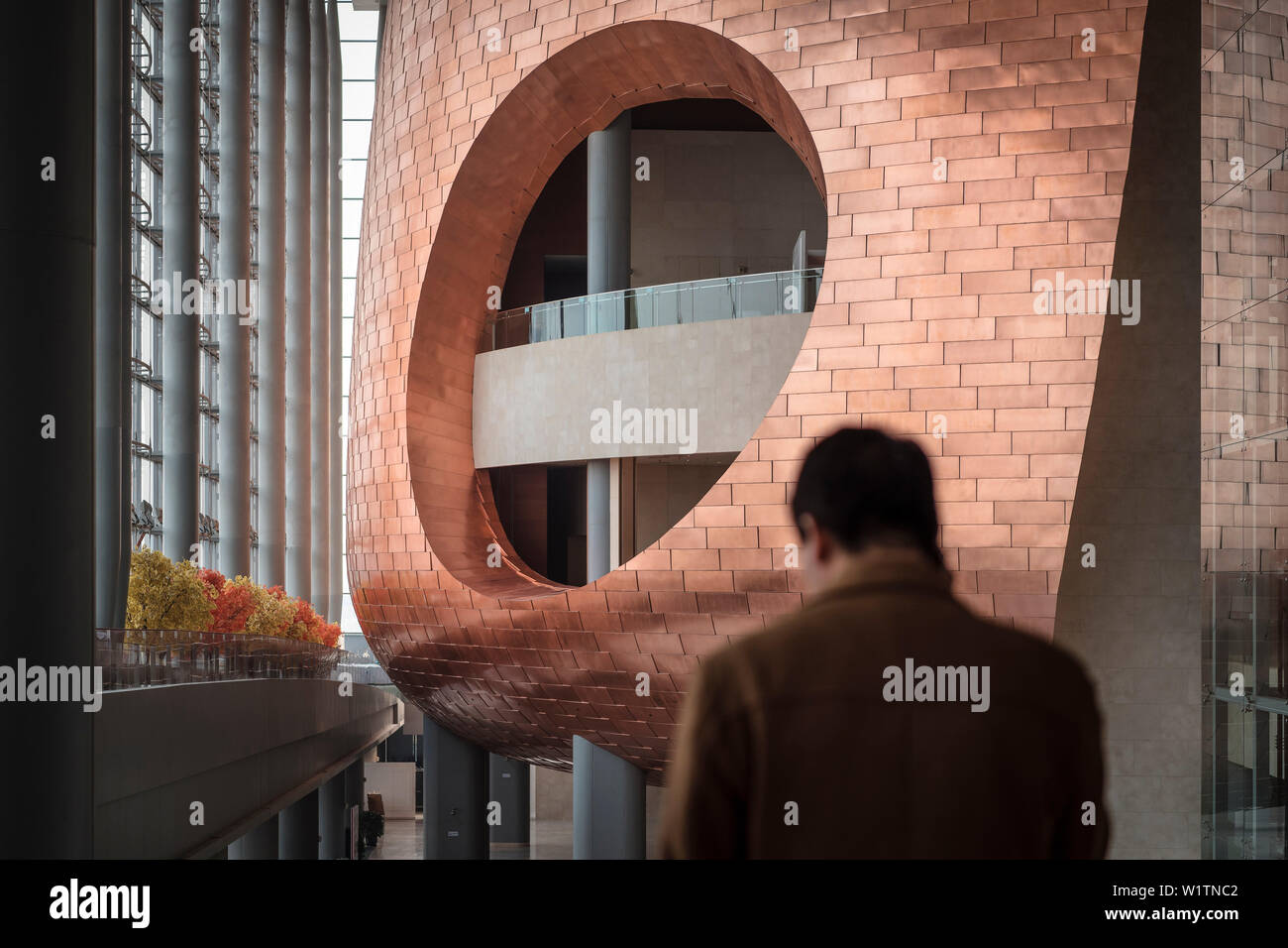 Sfocata cinesi uomo in piedi di fronte ad evidenziare architettonico interno China National Convention Center , Beijing, Cina e Asia Foto Stock