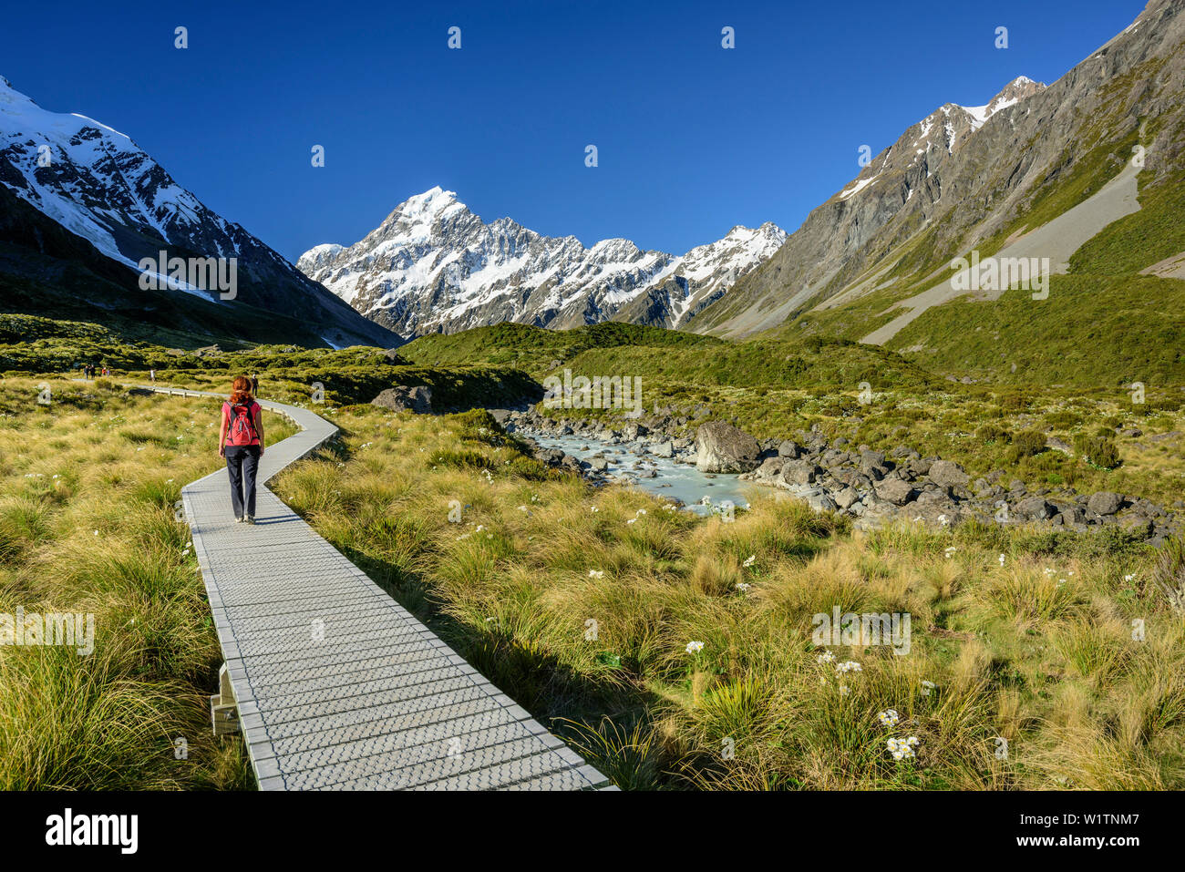 Donna escursioni attraverso Hooker valley, Mount Cook in background, Hooker Valley, il Parco nazionale di Mount Cook, UNESCO Welterbe Te Wahipounamu, Lago Pukaki, Ca Foto Stock